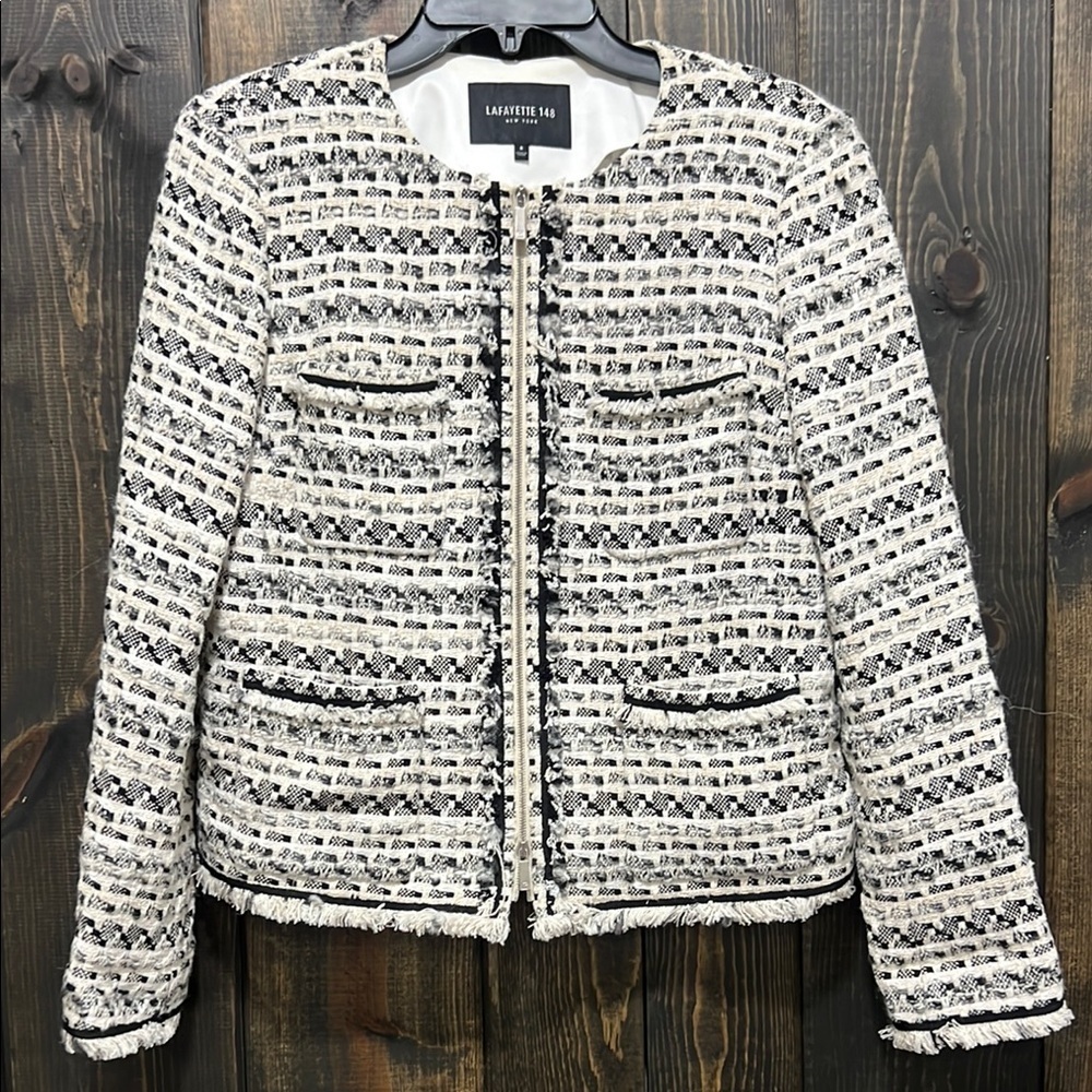 Lafayette 148 Benji Tweed Jacket 6 2-way Zip Alpaca Wool Cream Black Boho Chic